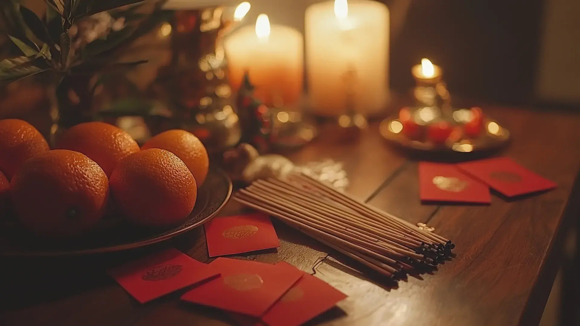Closeup Traditional Asian New Year Decorations Table Including Red Envelopes Cropped