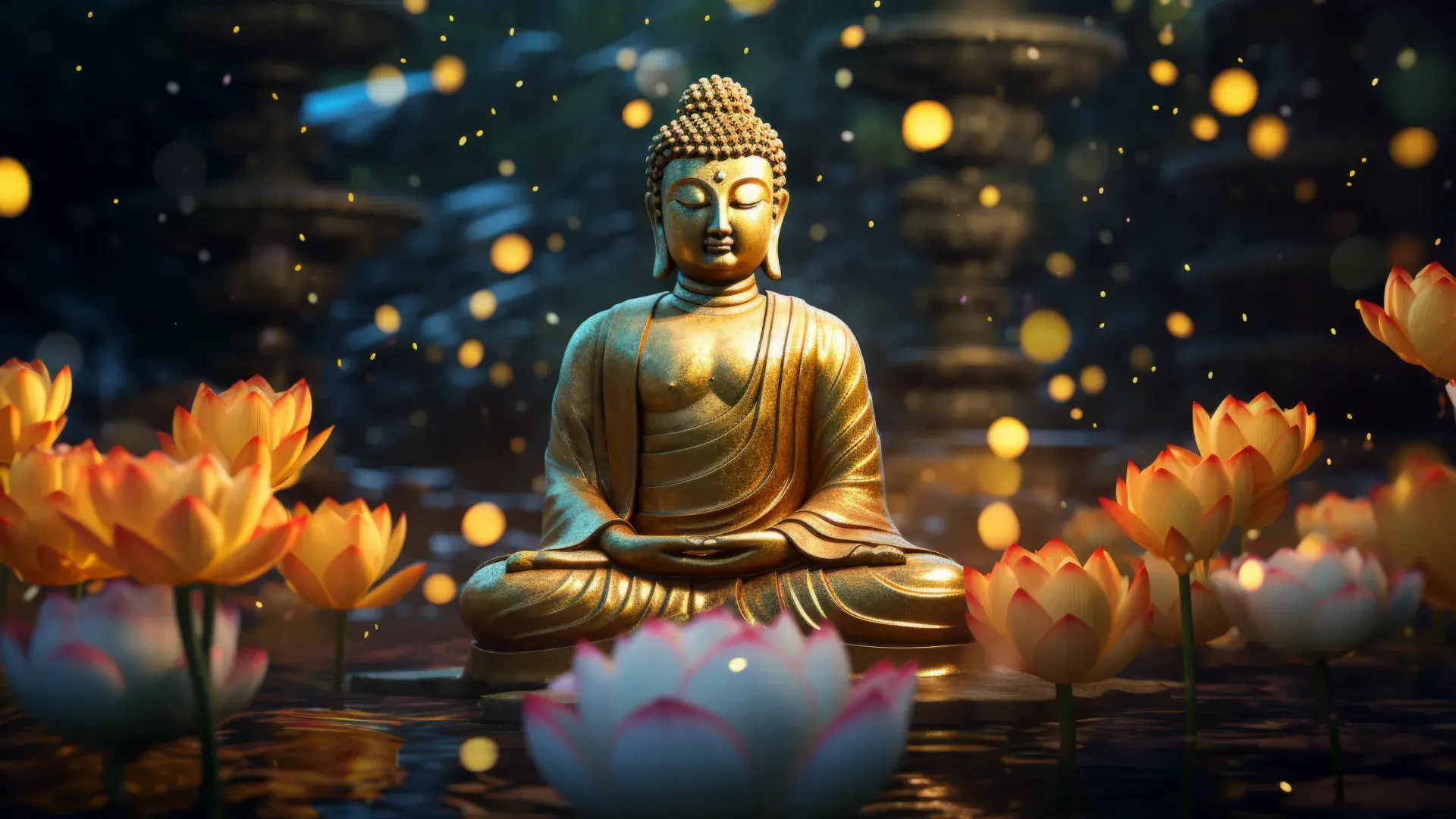 3d Rendering Buddha Statue Surrounded By Flowers Cropped