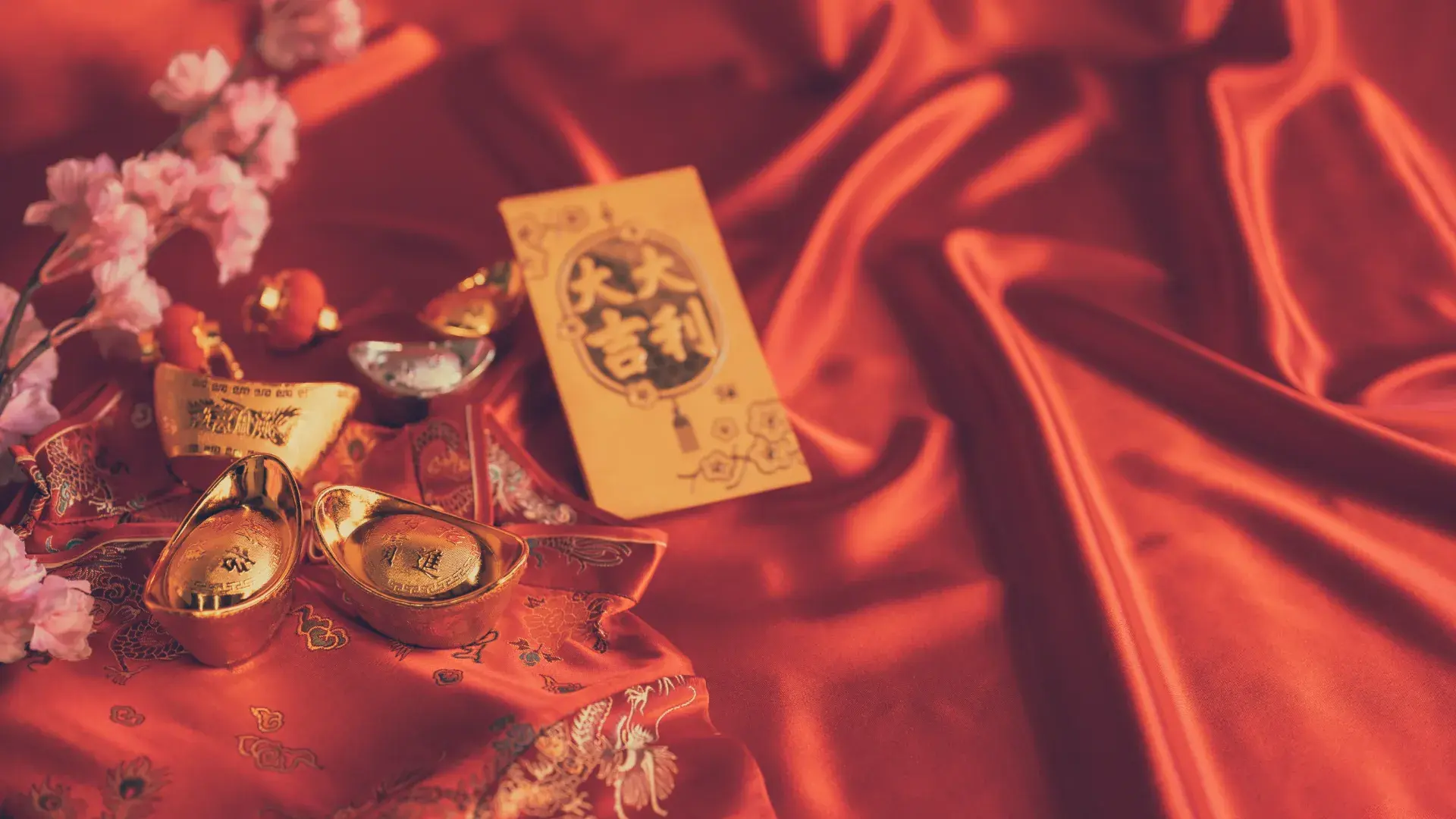 Decoration Focus Gold Bullion Design Chinese New Year 2022 Red Cloth Background With Greeting Cropped
