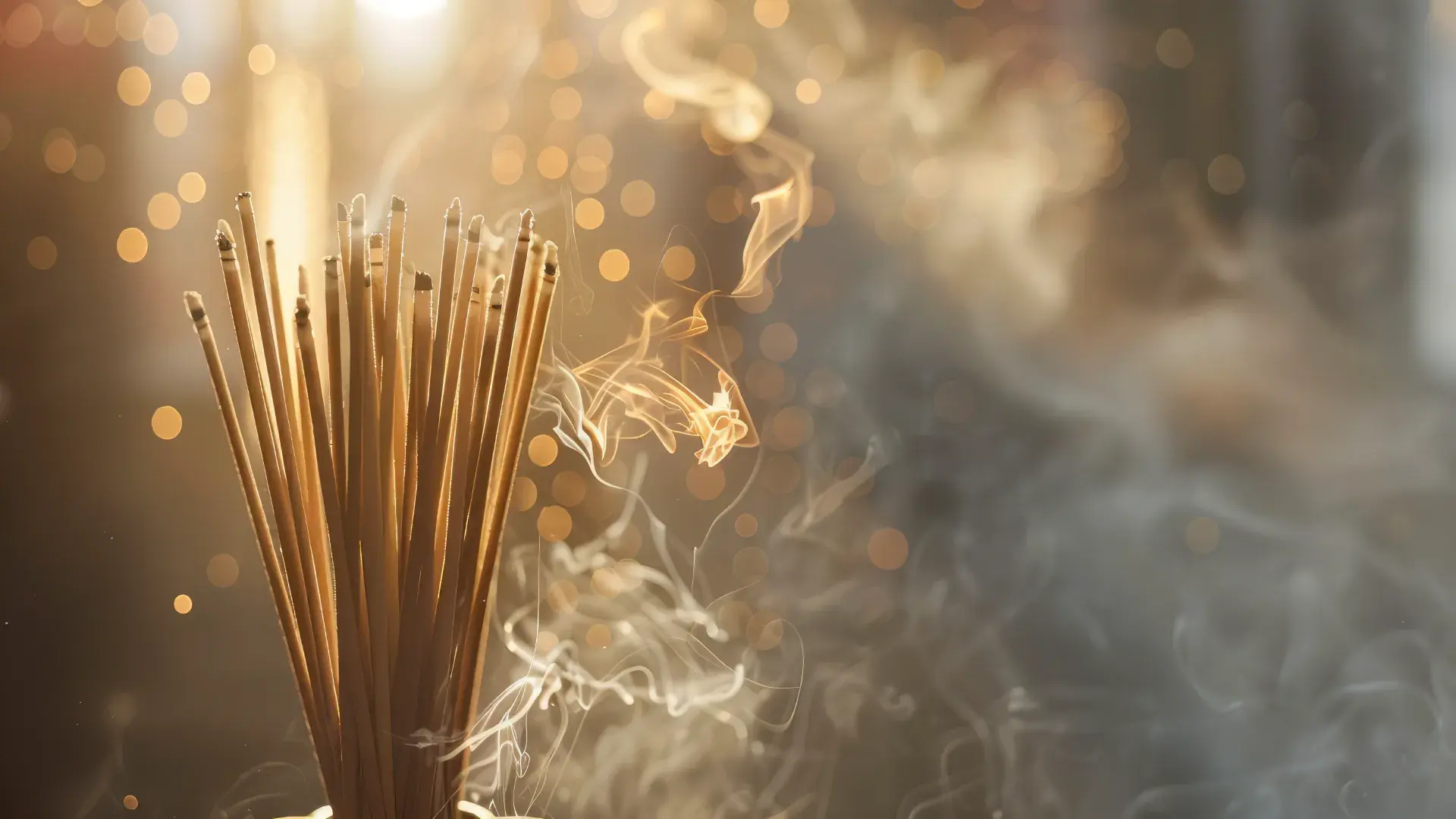 Bunch Incense Sticks With Sun Shining Through Background Cropped