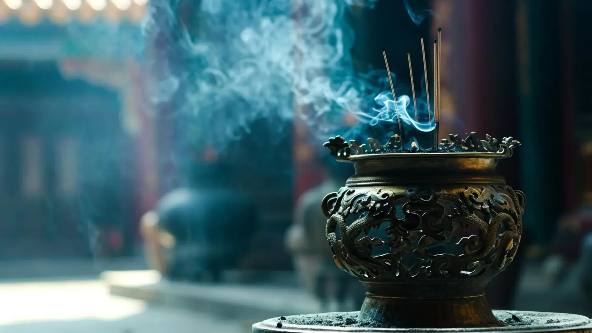 Incense Stick Bronze Pot With Smoke Coming Out It Cropped